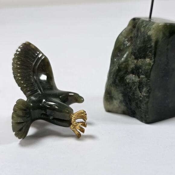 Carved Green Jade Eagle Figure Landing On Base With Gold Talons - Picture 6 of 9